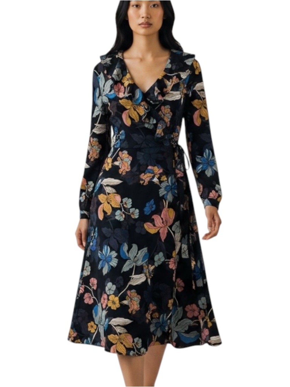 Who What Wear Black Bold Floral Ruffled Midi Dress NWOT Size XS
